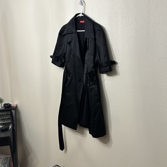 ELLE Trench-Coat Black Dress Coat Collar Pleats - Picture 7 of 8